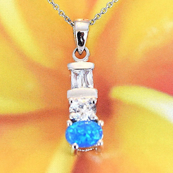 Unique Hawaiian Blue Opal Oval-Cut Necklace, Sterling Silver Blue Opal Inlay CZ Pendant, N2369 Birthday Anniversary Mom Wife Valentine Gift
