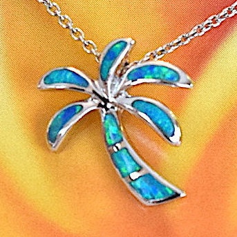 Pretty Hawaiian Blue Opal Palm Tree Necklace, Sterling Silver Opal Palm Tree Pendant, N2230 Birthday Anniversary Mom Girl Valentine Gift