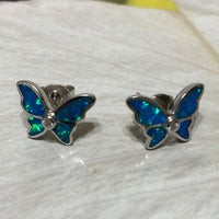 Unique Beautiful Hawaiian Blue Opal Butterfly Earring, Sterling Silver Blue Opal Butterfly CZ Stud Earring E8145 Valentine Birthday Mom Gift