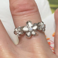 Beautiful Hawaiian 3 Plumeria Ring, Past Present & Future, Sterling Silver 3 Plumerias Flower CZ Ring, R1020 Birthday Mom Valentine Gift