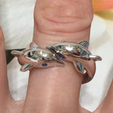 Gorgeous Hawaiian Large 2 Dolphin Ring, Sterling Silver 2 Dolphin Blue CZ Eye Adjustable Ring, R2355 Statement PC, Birthday Mom Gift