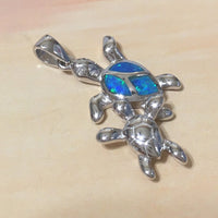 Beautiful Hawaiian Mom & Baby Blue Opal Sea Turtle Necklace, Sterling Silver Blue Opal Turtle Pendant N6157 Birthday Valentine Wife Mom Gift