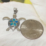 Beautiful Hawaiian Large Blue Opal Sea Turtle Plumeria Necklace, Sterling Silver Blue Opal Plumeria Turtle Pendant, N6160 Birthday Mom Gift