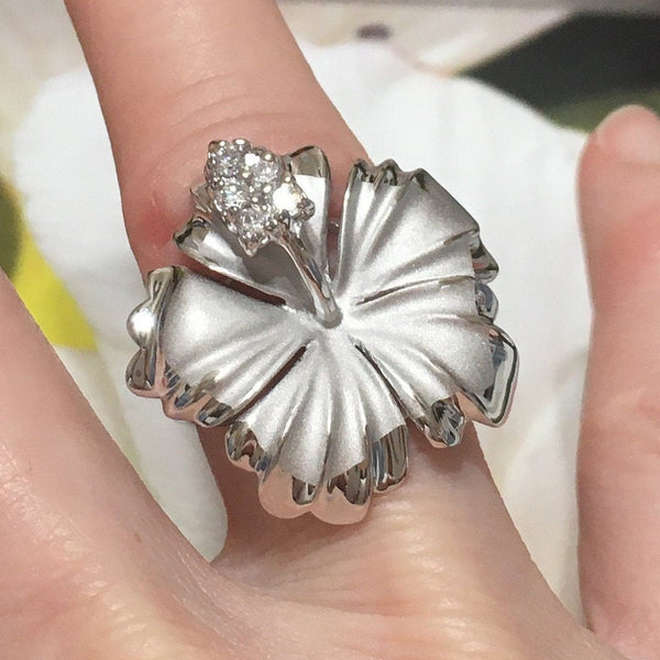 Unique Stunning Hawaiian X-Large Hibiscus Ring, Hawaii State Flower, Sterling Silver Hibiscus CZ Ring, R1055 Statement PC, Birthday Gift