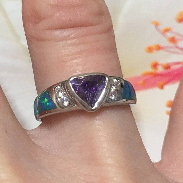 Beautiful Hawaiian Amethyst Blue Opal Ring, Sterling Silver Blue Opal Amethyst CZ Ring, R1011 Birthday Mom Valentine Gift