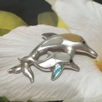 Unique Gorgeous Hawaiian X-Large Mom & Baby Dolphin Necklace, Sterling Silver Mother of Pearl Dolphin Pendant, N8260 Birthday Mom Gift