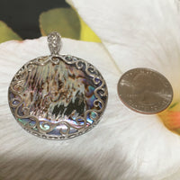 Stunning X-Large Hawaiian Genuine Paua Shell Abalone Round Necklace, Sterling Silver Mother of Pearl Ocean Wave Pendant, N2679 Statement PC