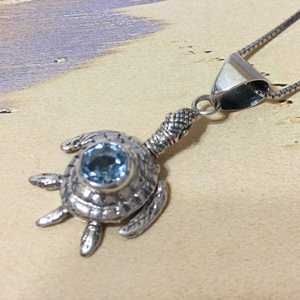 Unique Hawaiian 3D Genuine Blue Topaz Sea Turtle Necklace, Sterling Silver Turtle Movable Leg Pendant N8056 Statement PC, Valentine Gift