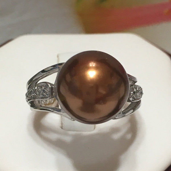 Unique Beautiful Hawaiian Large Chocolate Shell Pearl Ring, Sterling Silver Shell Pearl Ring R2402 Birthday Mom Valentine Gift, Statement PC