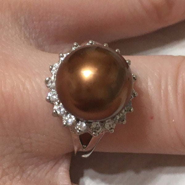 Beautiful Hawaiian Large Chocolate Shell Pearl Ring, Sterling Silver Shell Pearl CZ Ring, R2403 Birthday Mom Valentine Gift, Statement PC