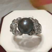 Unique Beautiful Hawaiian Genuine Black Pearl Ring, Sterling Silver Black Pearl CZ Ring, R2413 Birthday Mom Valentine Gift, Statement PC