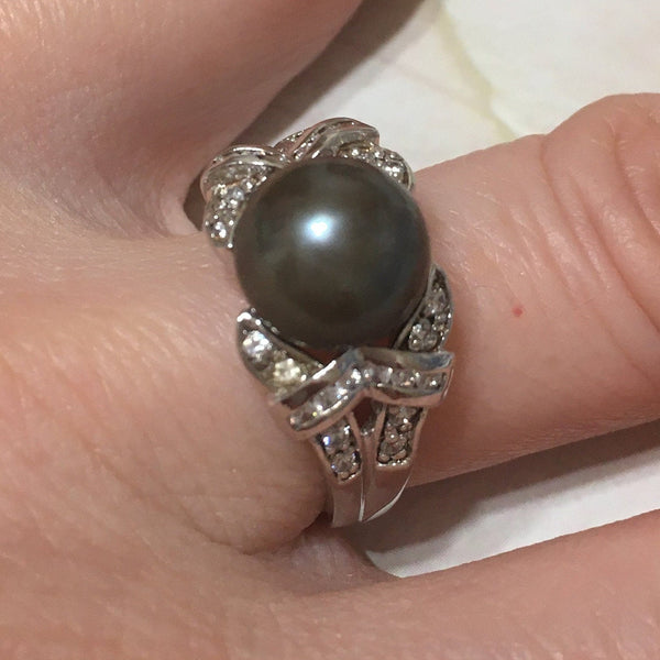 Unique Beautiful Hawaiian Genuine Black Pearl Ring, Sterling Silver Black Pearl CZ Ring, R2413 Birthday Mom Valentine Gift, Statement PC