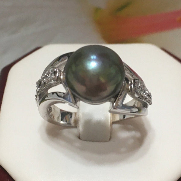 Unique Beautiful Hawaiian Genuine Black Pearl Ring, Sterling Silver Black Pearl CZ Ring, R2416 Birthday Mom Valentine Gift, Statement PC