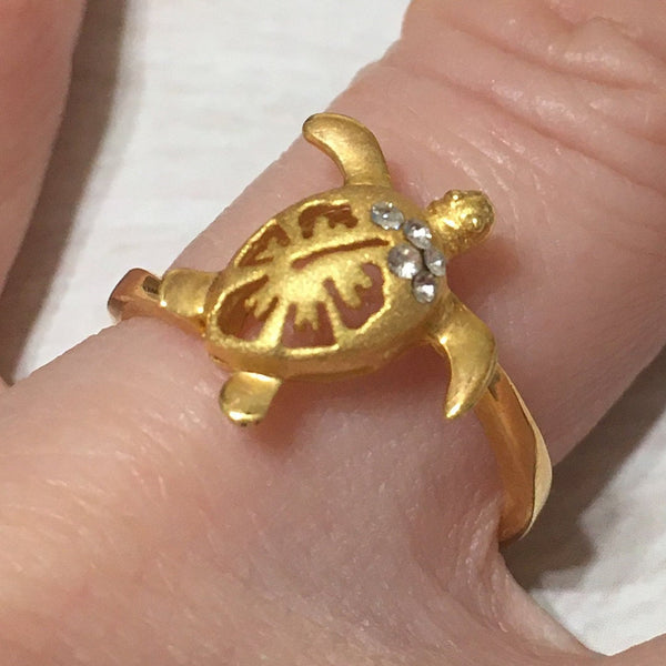 Unique Beautiful Hawaiian Sea Turtle Hibiscus Ring, Sterling Silver Yellow Gold-Plated Turtle CZ Ring, R2425 Birthday Mom Valentine Gift