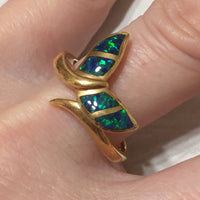 Unique Beautiful Hawaiian Large Opal Whale Tail Ring, Sterling Silver Yellow-Gold Plated Opal Whale Tail Ring, R2429 Birthday Mom Gift