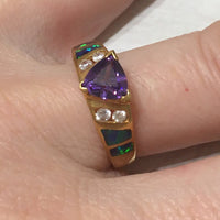 Beautiful Hawaiian Opal Amethyst Ring, Sterling Silver Yellow Gold-Plated Opal Amethyst CZ Ring, R2432 Birthday Valentine Gift, Statement PC