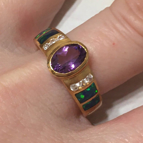 Unique Beautiful Hawaiian Opal Amethyst Ring, Sterling Silver Yellow Gold-Plated Opal Amethyst CZ Ring, R2433 Birthday Valentine Gift