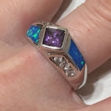 Beautiful Hawaiian Blue Opal Amethyst Ring, Sterling Silver Blue Opal Amethyst CZ Ring, R2444 Birthday Mom Valentine Gift, Statement PC