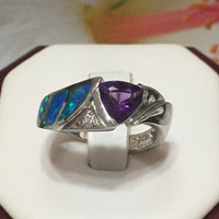 Unique Beautiful Hawaiian Blue Opal Amethyst Ring, Sterling Silver Blue Opal Amethyst CZ Ring, R2445 Birthday Mom Gift, Statement PC