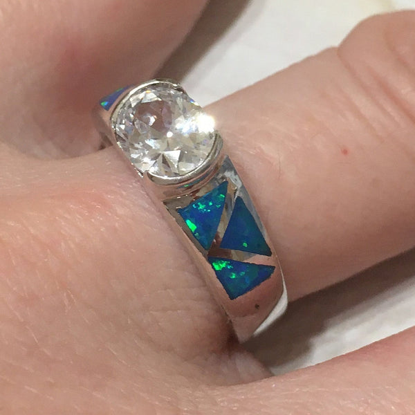 Beautiful Hawaiian Blue Opal Ring, Sterling Silver Blue Opal CZ Ring, R2438 Birthday Mom Valentine Gift, Statement PC