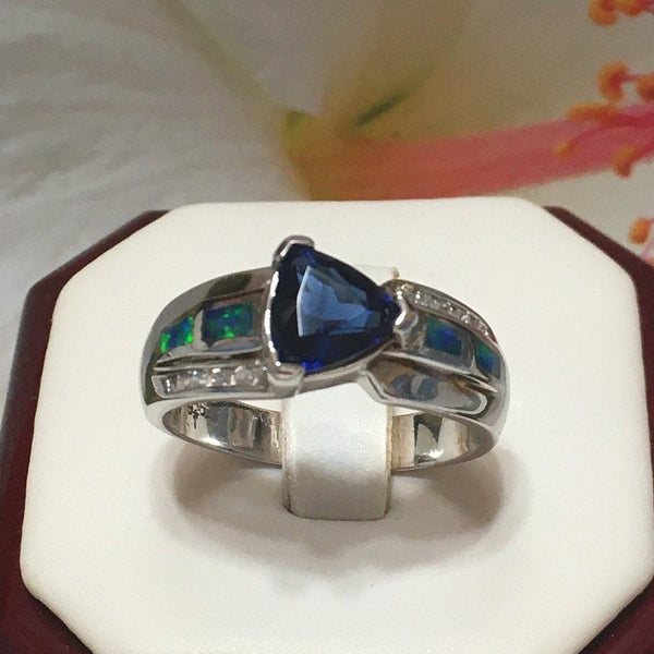 Unique Beautiful Hawaiian Blue Opal Ring, Sterling Silver Blue Opal CZ Ring, R2442 Birthday Mom Valentine Gift, Statement PC