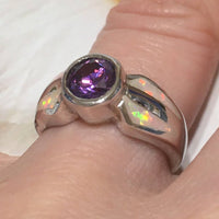 Stunning Hawaiian White Opal Amethyst Ring, Sterling Silver White Opal Amethyst Ring, R2558 Birthday Mom Valentine Gift, Statement PC