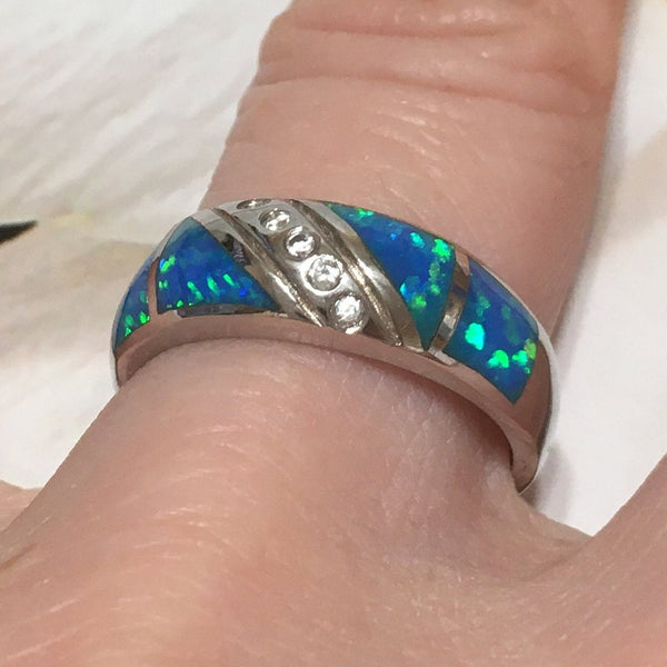 Beautiful Hawaiian Blue Opal Ring, Sterling Silver Blue Opal CZ Ring, R2552 Birthday Mom Wife Valentine Gift, Statement PC