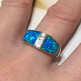 Beautiful Hawaiian Blue Opal Ring, Sterling Silver Blue Opal Inlay CZ Ring, R1049 Statement PC, Birthday Mom Wife Valentine Anniversary Gift