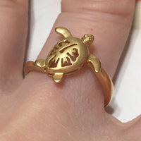 Beautiful Hawaiian Sea Turtle Hibiscus Ring, Sterling Silver Yellow Gold-Plated Turtle Ring, R2536 Birthday Mom Valentine Gift