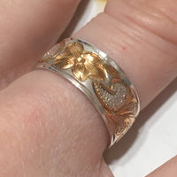 Beautiful Hawaiian 2-Tone Heirloom Plumeria Ring, Sterling Silver Yellow Gold-Plated Hawaiian Plumeria Maile Leaf Band Ring, R2534 Mom Gift
