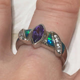 Unique Stunning Hawaiian Blue Opal Amethyst Ring, Sterling Silver Blue Opal Amethyst CZ Ring R2563 Birthday Mom Valentine Gift, Statement PC