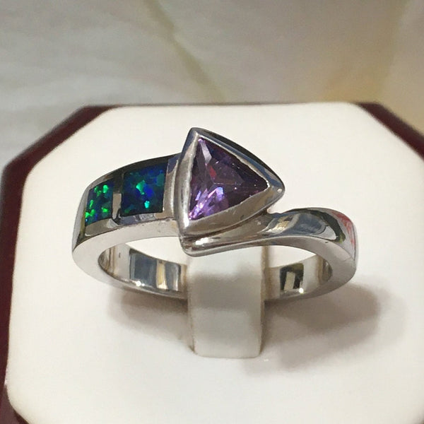 Beautiful Hawaiian Blue Opal Amethyst Ring, Sterling Silver Blue Opal Amethyst Ring, R2561 Birthday Mom Valentine Gift, Statement PC