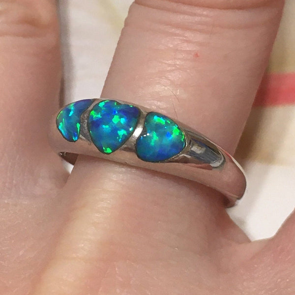 Unique Beautiful Hawaiian Blue Opal 3 Heart Ring, Sterling Silver Blue Opal Heart Ring, R2546 Birthday Mom Wife Valentine Gift, Gift for Her