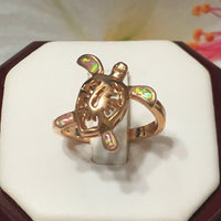 Gorgeous Hawaiian Pink Opal Hibiscus Sea Turtle Ring, Sterling Silver Rose Gold-Plated Pink Opal Turtle Ring, R2537 Birthday Mom Gift
