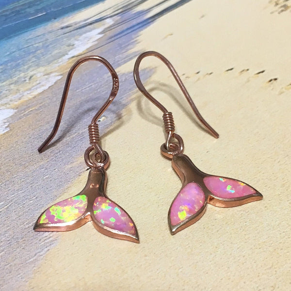 Beautiful Hawaiian Pink Opal Whale Tail Earring, Sterling Silver Rose-Gold Plated Opal Whale Tail Dangle Earring, E4451 Mom Valentine Gift