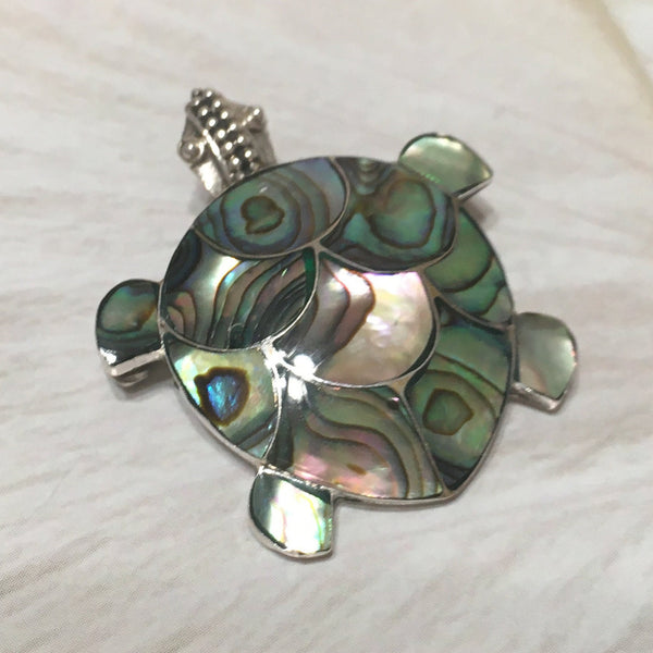 Unique Hawaiian Large Genuine Paua Shell Sea Turtle Necklace, Sterling Silver Abalone MOP Turtle Pendant, N8348 Valentine Birthday Mom Gift