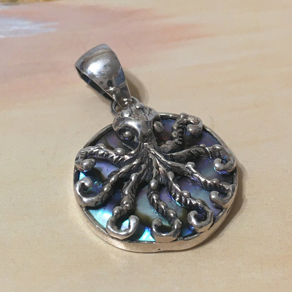 Unique Hawaiian Genuine Paua Shell Octopus Necklace, Sterling Silver Abalone MOP Octopus Pendant, N8341 Birthday Wife Mom Gift