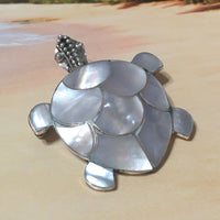 Unique Hawaiian Large Genuine Mother of Pearl Sea Turtle Necklace, Sterling Silver White MOP Turtle Pin Pendant, N8344 Birthday Mom Gift