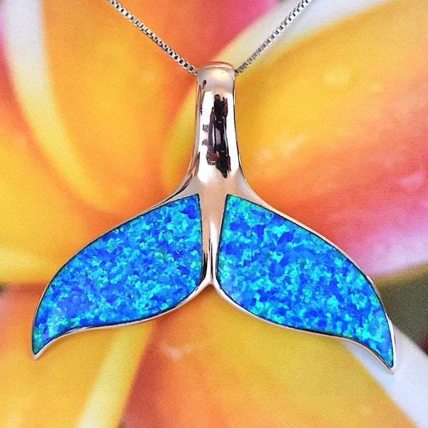 Stunning XX-Large Hawaiian Blue Opal Whale Tail Necklace, Sterling Silver Blue Opal Whale Tail Pendant, N2319 Birthday Valentine Mom Gift