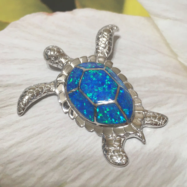 Gorgeous Hawaiian XXX-Large Blue Opal Sea Turtle Necklace, Sterling Silver Blue Opal Turtle Pendant, N2339 Birthday Mom Gift, Statement PC