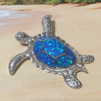 Gorgeous Hawaiian XXX-Large Blue Opal Sea Turtle Necklace, Sterling Silver Blue Opal Turtle Pendant, N2339 Birthday Mom Gift, Statement PC