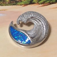 Unique Hawaiian X-Large Blue Opal Ocean Wave Necklace, Sterling Silver Opal Wave CZ Pendant, N2356 Birthday Mom Valentine Gift, Statement PC