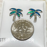 Beautiful Hawaiian Blue Opal Palm Tree Earring, Sterling Silver Blue Opal Palm Tree Stud Post Earring, E4049 Birthday Anniversary Mom Gift