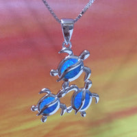 Beautiful Hawaiian Mom & 2 Baby Opal Sea Turtle Necklace, Sterling Silver Blue Opal Sea Turtle Family Pendant, N6173 Birthday Mom Gift