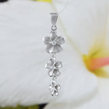 Beautiful Hawaiian 3 Plumeria Earring and Necklace, Past Present & Future, Sterling Silver 3 Plumeria Flower CZ Pendant, N6137S Mom Gift