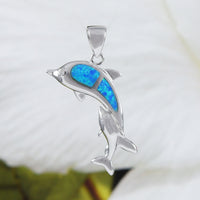 Beautiful Hawaiian Large Mom & Baby Dolphin Necklace and Earring, Sterling Silver Blue Opal Dolphin Family Pendant, N6150S Birthday Mom Gift