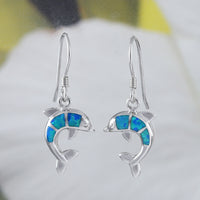 Beautiful Hawaiian Blue Opal Dolphin Earring, Sterling Silver Blue Opal Dolphin Dangle Earring, E4030 Birthday Wife Mom Valentine Gift