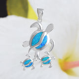 Gorgeous Hawaiian X-Large Mom & 2 Baby Sea Turtle Earring and Necklace, Sterling Silver Blue Opal Turtle Family Pendant N6169S Birthday Gift