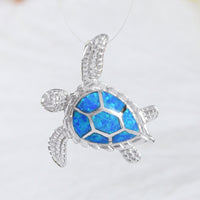 Pretty Hawaiian Sea Turtle Necklace, Sterling Silver Blue Opal Turtle Pendant, N6021 Birthday Valentine Wife Mom Gift, Island Jewelry