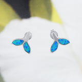 Beautiful Hawaiian Blue Opal Whale Tail Earring, Sterling Silver Blue Opal Whale Tail Stud Earring, E4131 Birthday Wife Mom Valentine Gift